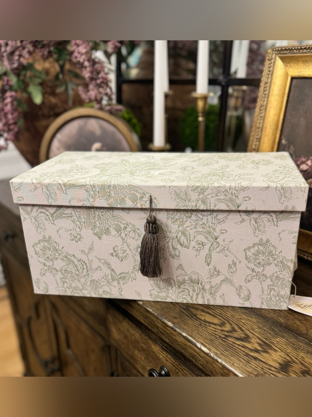 Vintage jewelry box / by Lori Greiner / green white fabric toile large 16x8"
